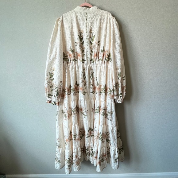 ANewsta Curve 4XL Ivory Floral Embroidered Eyelet Maxi Dress Long Sleeve Cottage - Picture 6 of 13